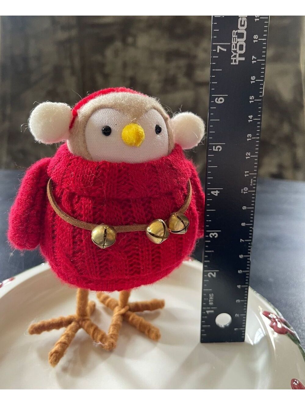 Festive Red Sweater Plush Bird Figurine with Jingle Bells and Earmuffs GLEE